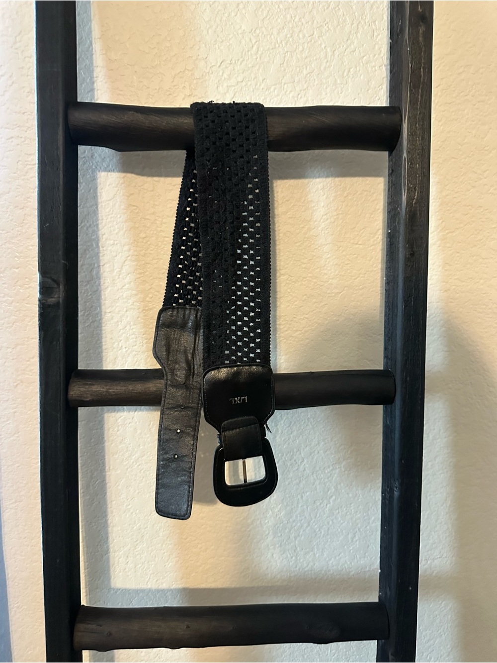Source Unknown Black Woven Stretch Belt with Leather Buckle Trim